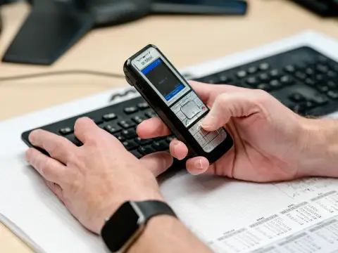 Arbeitsplatz mit Tastatur, Unterlagen und digitalem Gerät bei Moelle